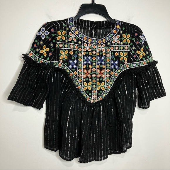 Zara boho metallic striped fringe embroidered blouse size small - Picture 2 of 7